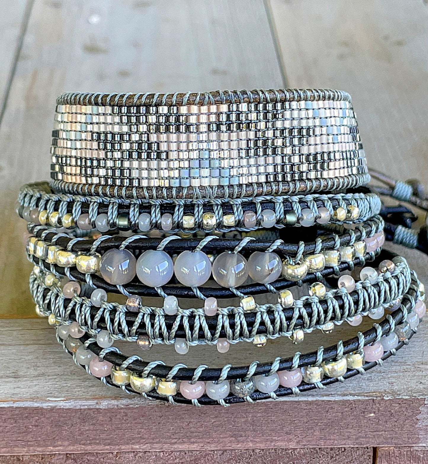 Neutral Gray Beige Western Bead Loom Woven and Macrame Bracelet Set