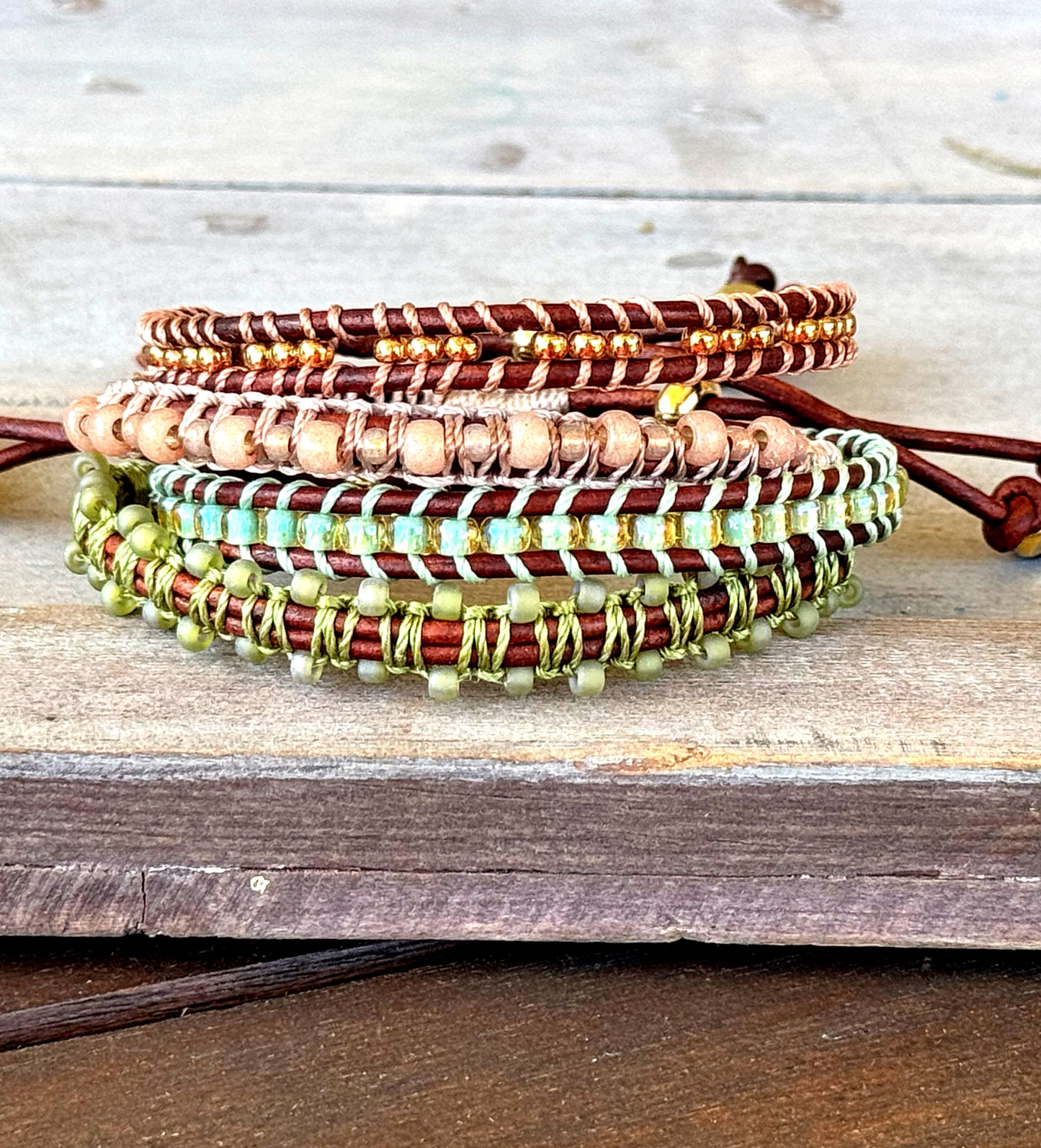 Gold, Green, and Tan Western bead loom woven adjustable leather bracelet