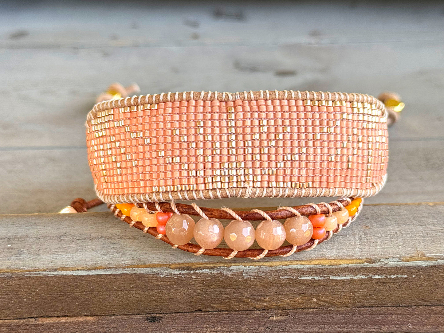 Slide adjustable peach and gold bead loom woven bracelet