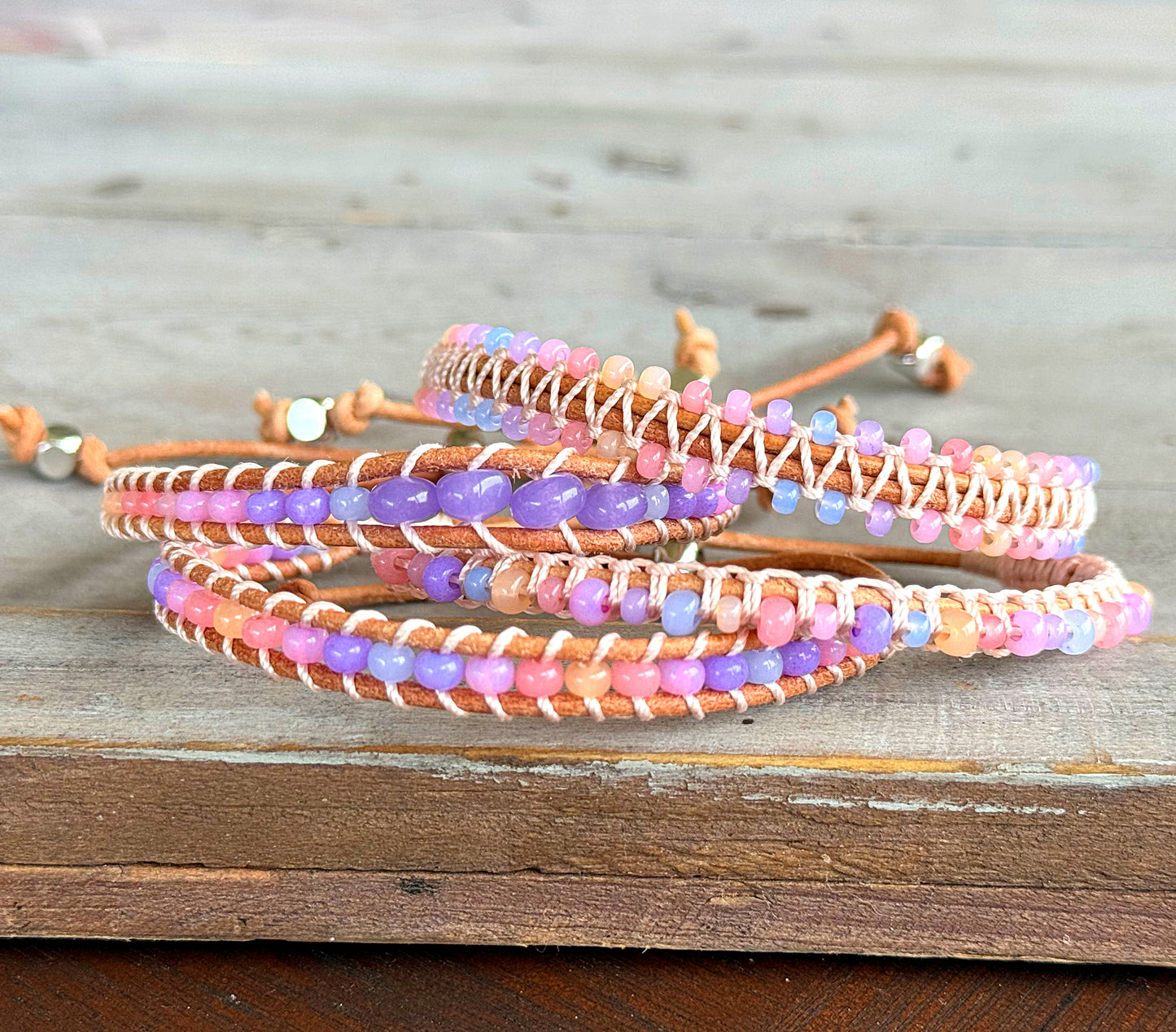 Rose Opal Sunset Beaded Macrame Adjustable Leather Bracelet Set