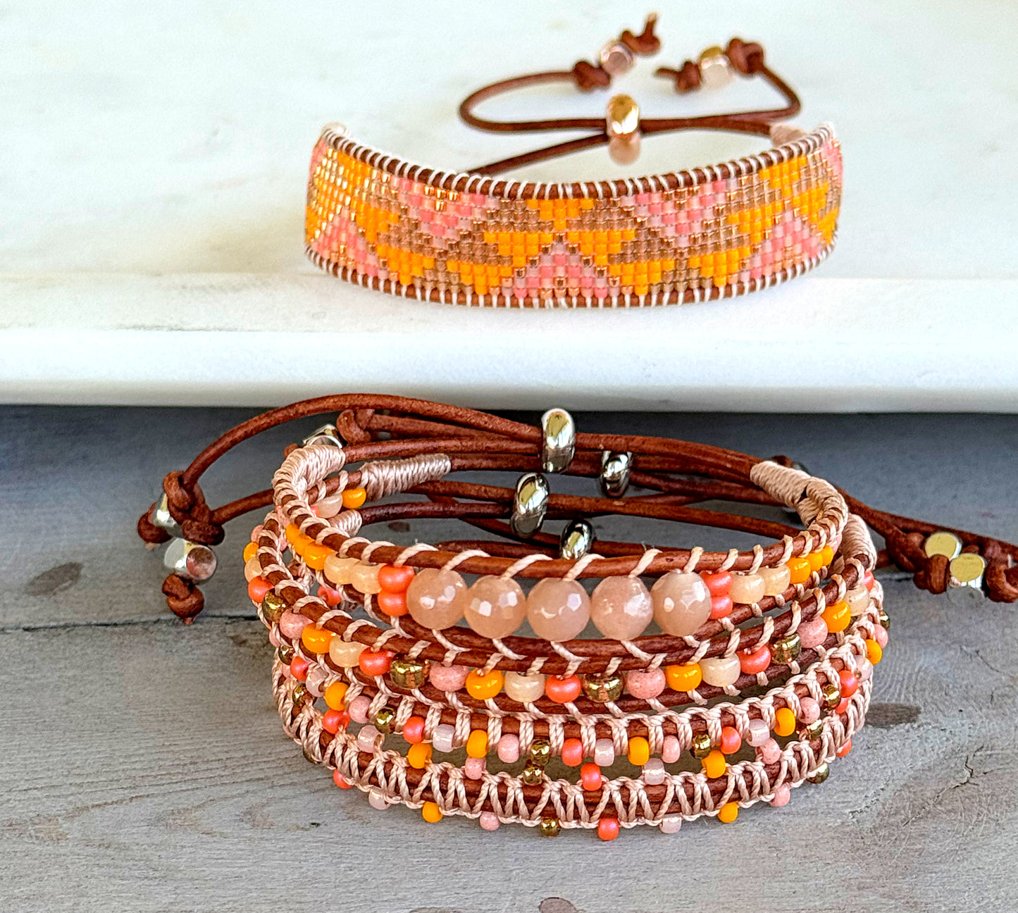 Sunshine, Peach Fuzz, and Coral Western Loom and Macrame Bracelet stack set