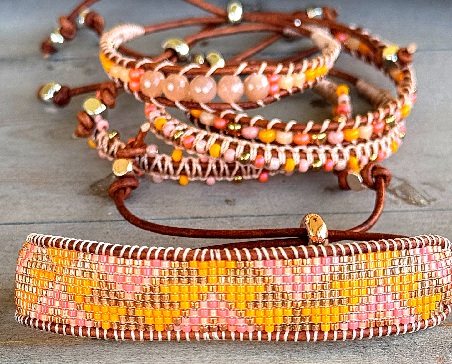 Sunshine, Peach Fuzz, and Coral Western Loom and Macrame Bracelet stack set