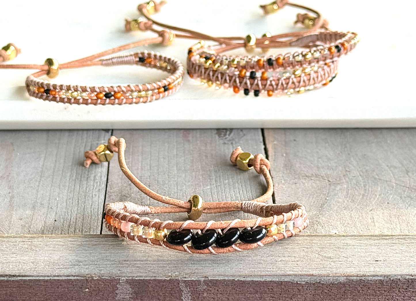 Honey Tan, Black and Gold Beaded Macrame Bracelet Set