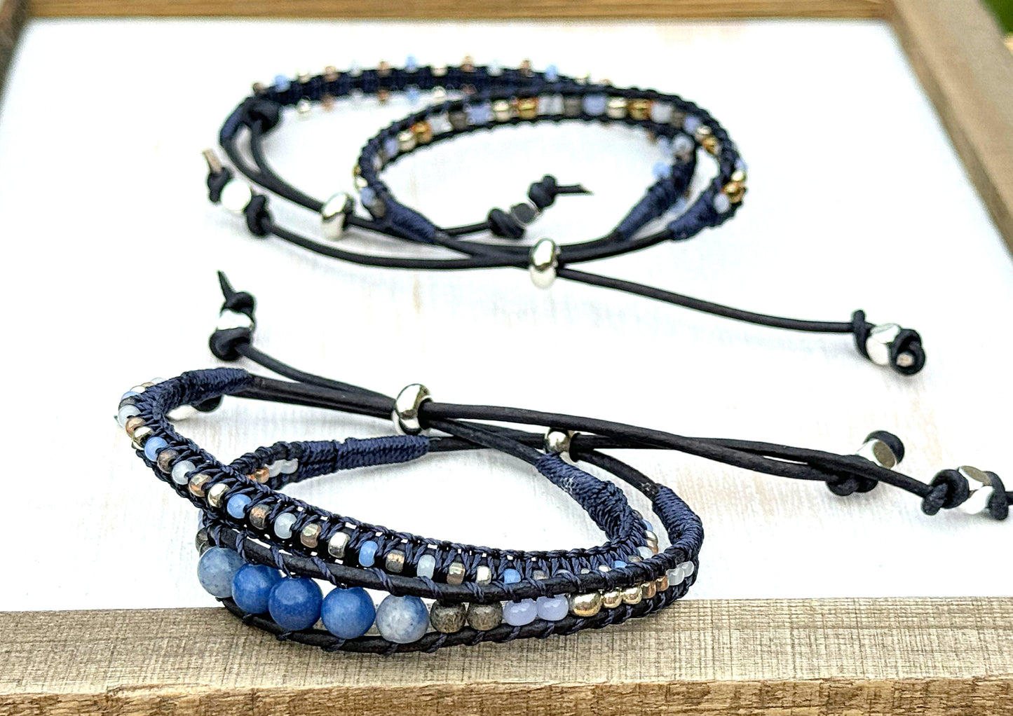 Daisy Blue Adventurine and glass bead Adjustable Leather Bracelet