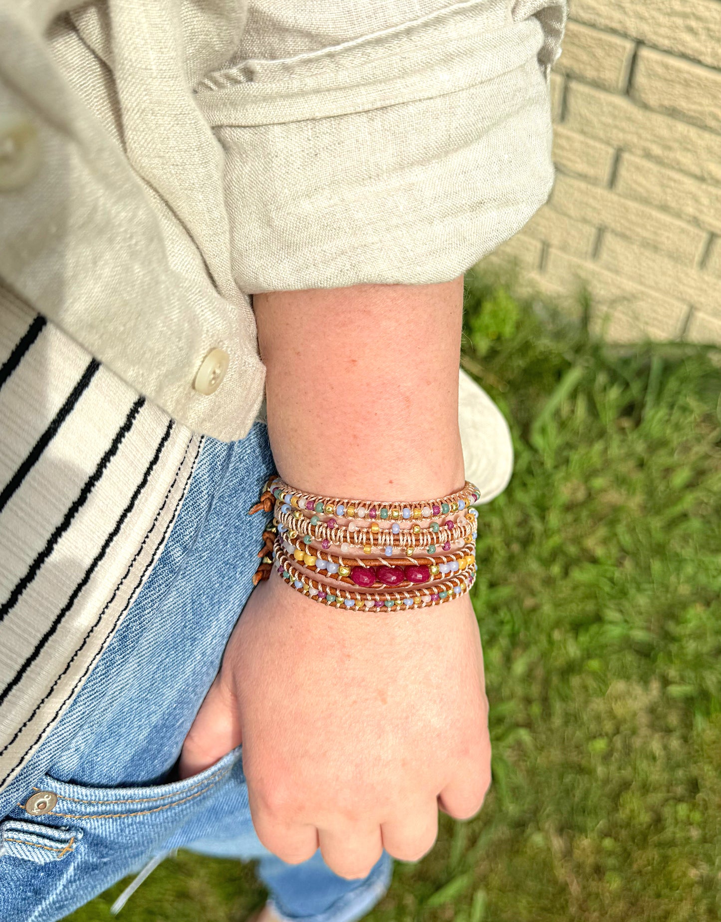 Wildflower mix glass bead Macrame Adjustable Leather Bracelet