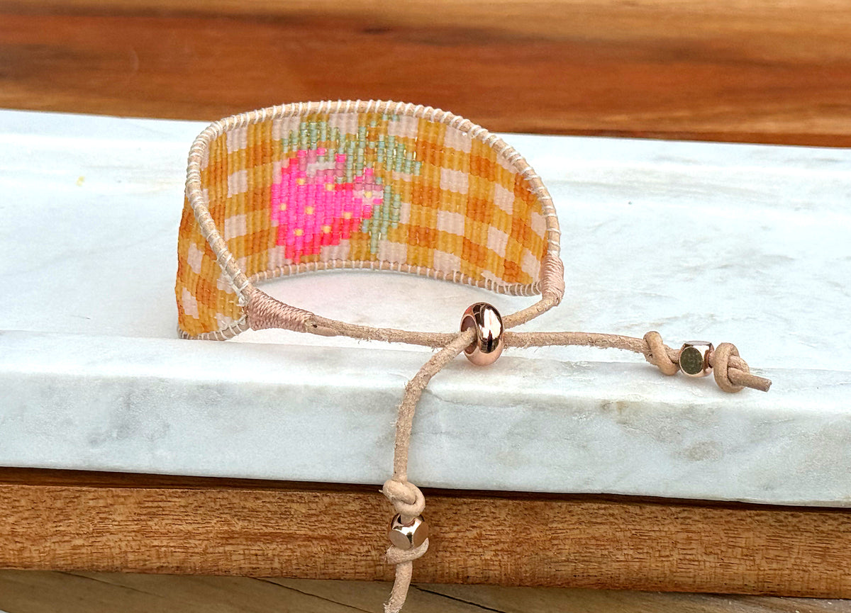 Strawberry Bead Loom Woven bracelet with yellow gingham
