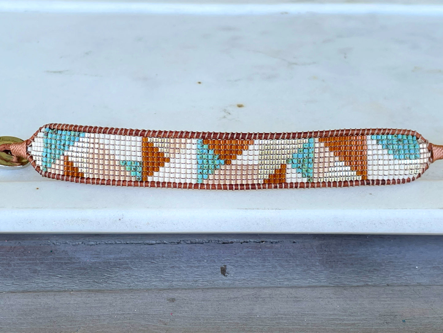 Earthy Tan Turquoise and Silver Western Geometric Loom and Macrame Bracelet stack set