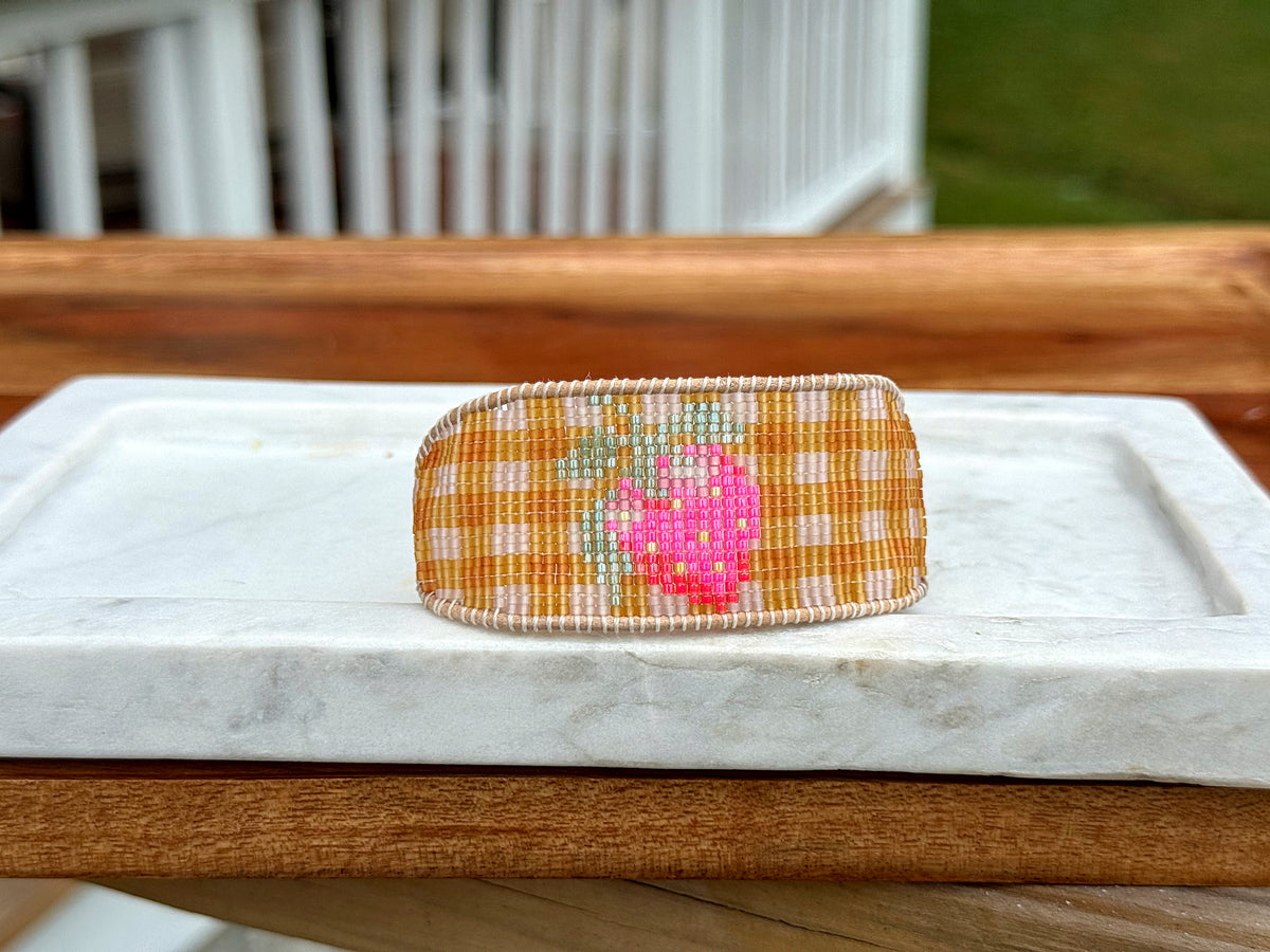 Strawberry Bead Loom Woven bracelet with yellow gingham