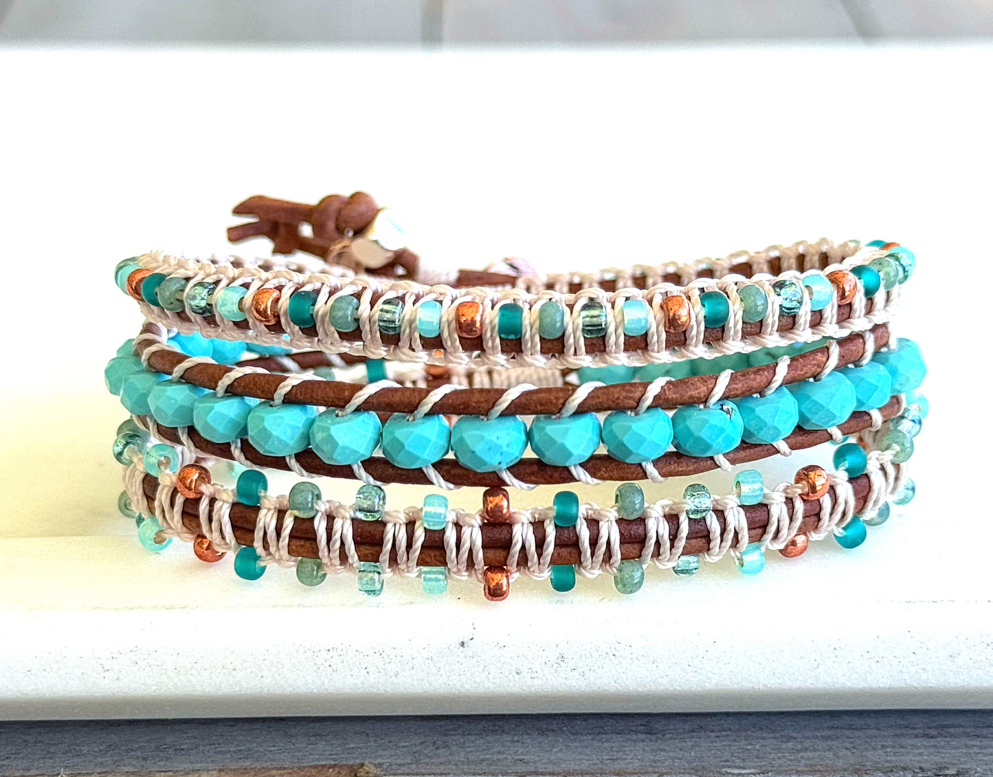 Turquoise Blues and Green Beaded Macrame and Leather Bracelet