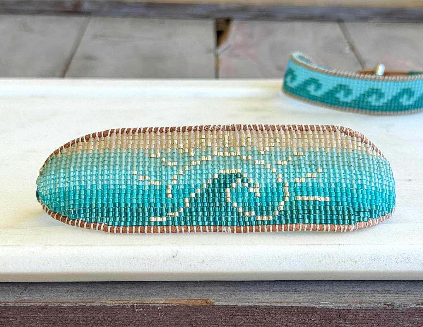 Beachy Wave and Sun Blue Faded Bead Loom Woven Slide Adjustable Bracelet