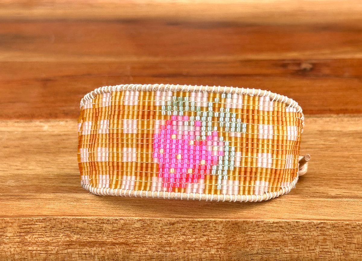 Strawberry Bead Loom Woven bracelet with yellow gingham