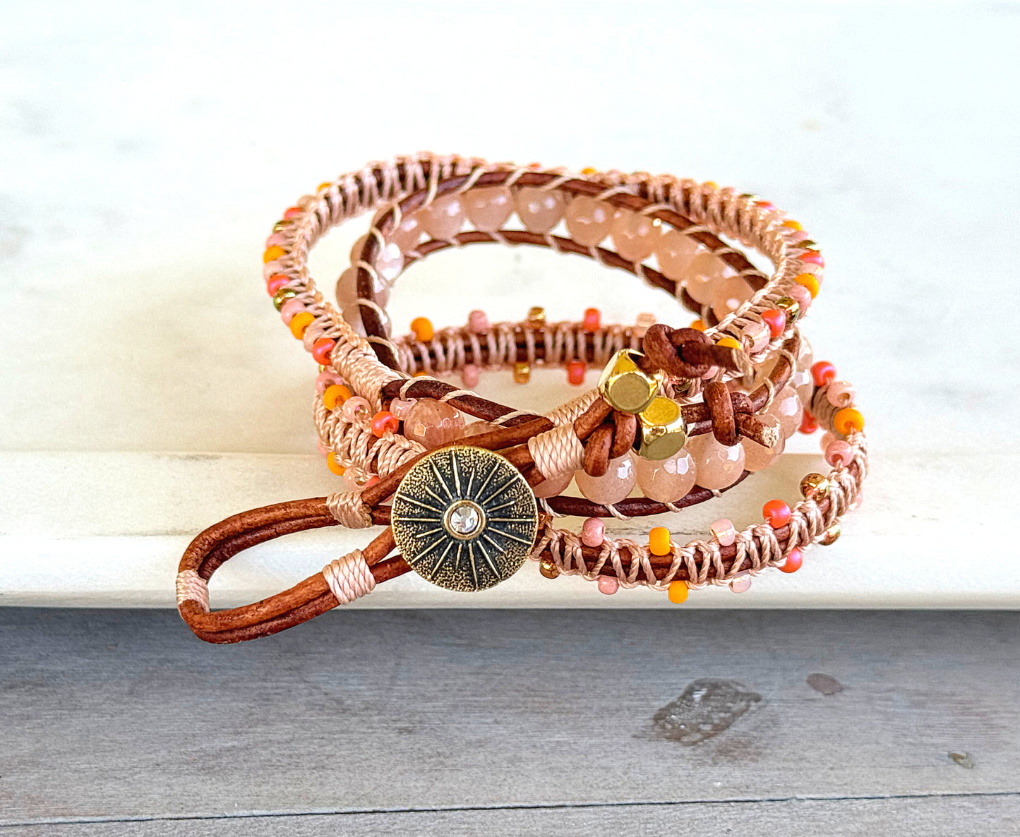 Sunshine, Peach, and Coral Sunstone and Beaded Macrame 3x Leather wrap bracelet