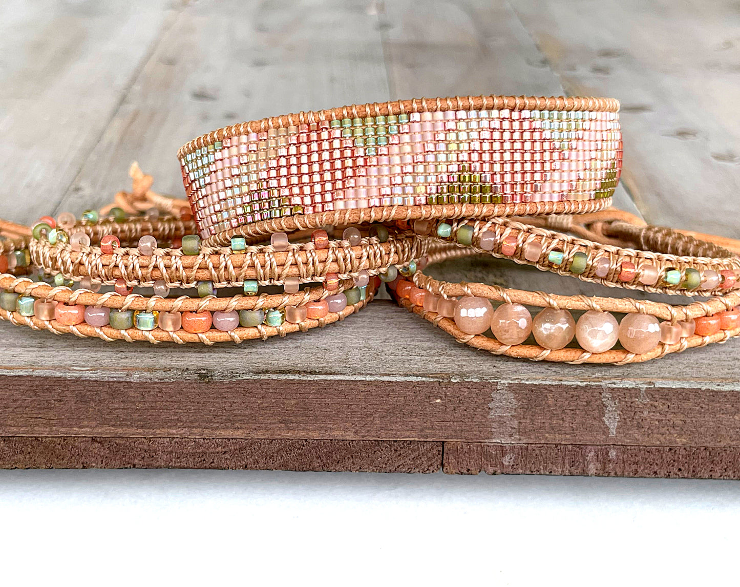 Peach and Olive Leather Beaded Macrame Bracelet Set