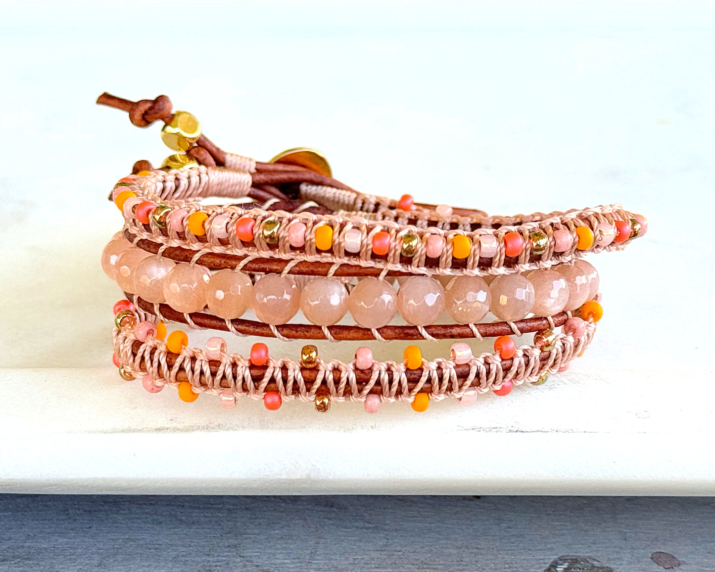 Sunshine, Peach, and Coral Sunstone and Beaded Macrame 3x Leather wrap bracelet