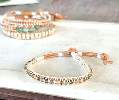 Jade and neutral Sage and Copper Beaded Macrame Bracelet Set