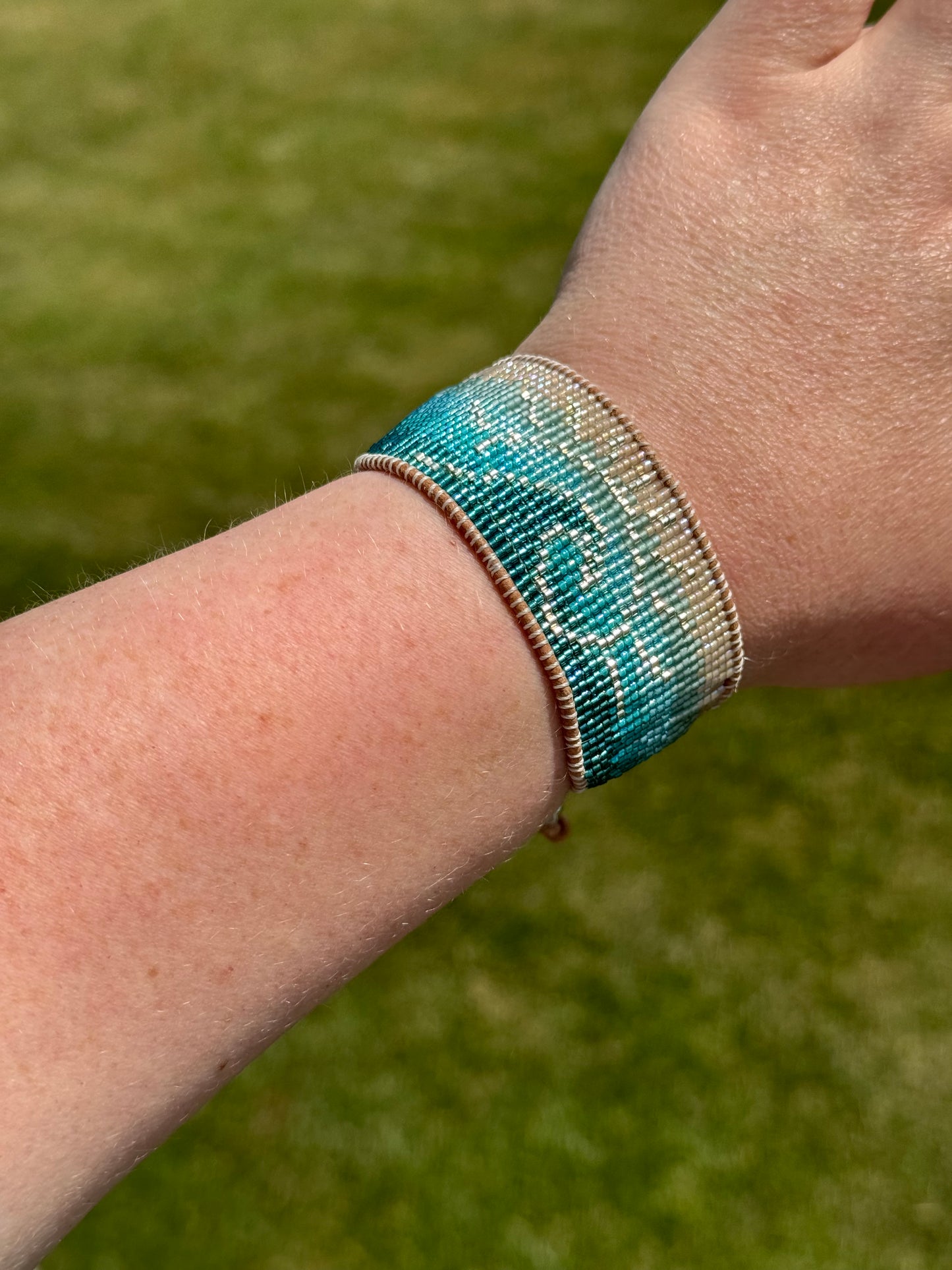 Beachy Wave and Sun Blue Faded Bead Loom Woven Slide Adjustable Bracelet