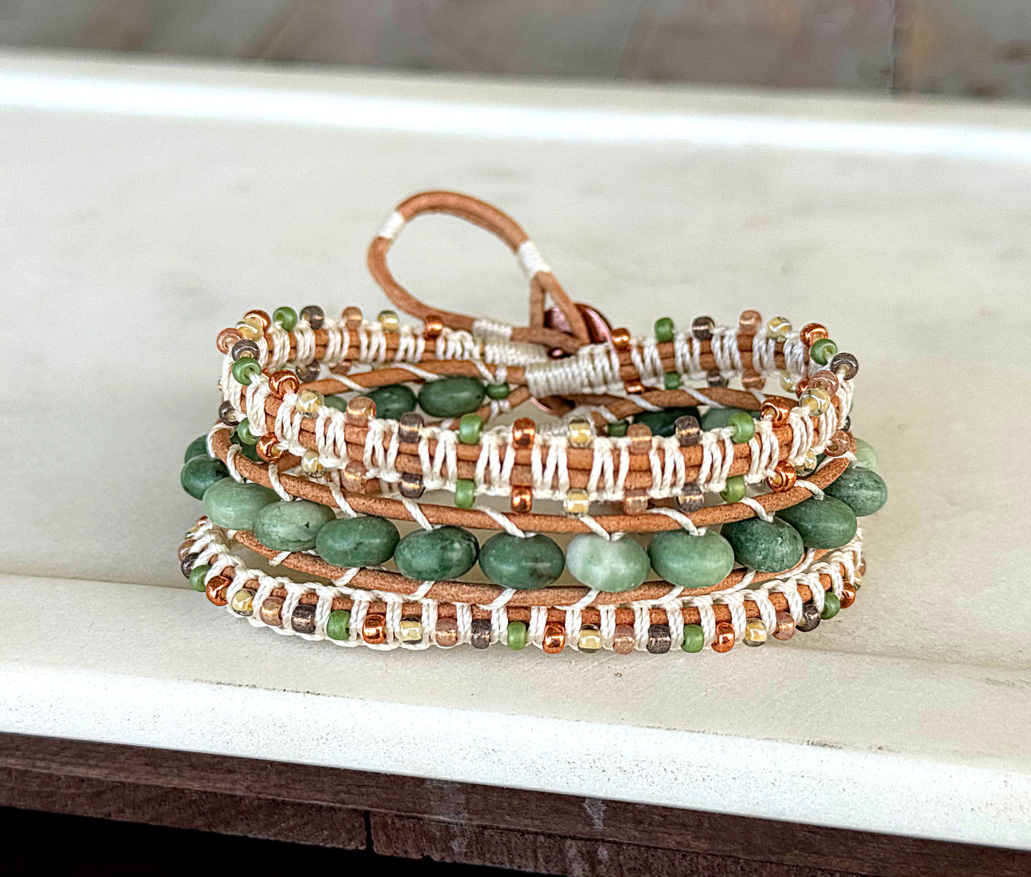 Natural Jade Sage green, neutral and copper macrame 3 wrap bracelet