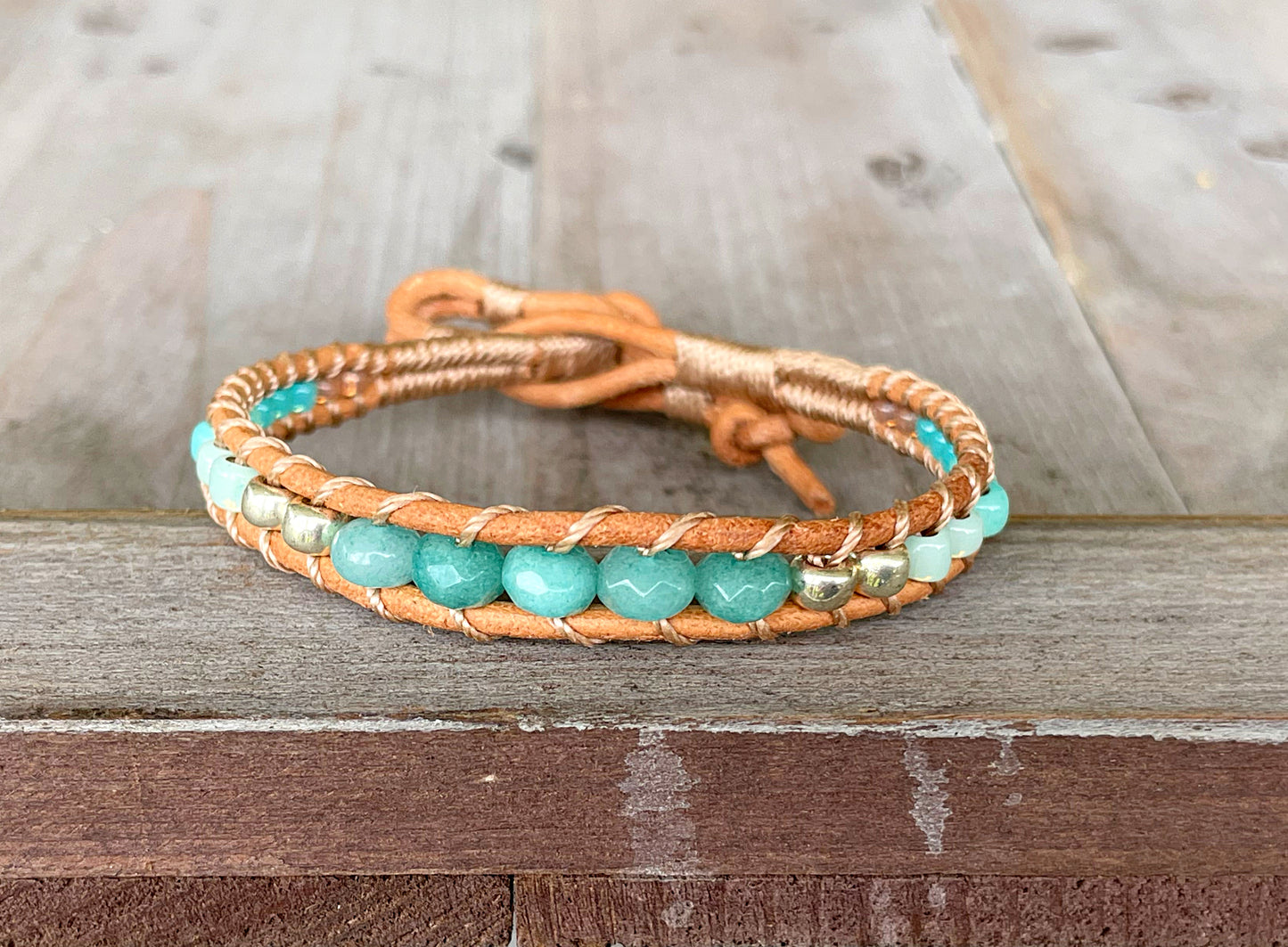 Seafoam and Aqua Jade Ombre Beaded Macrame Bracelet Set