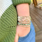 Sage, Ivory, Copper Starburst beaded loom woven bracelet trimmed with leather