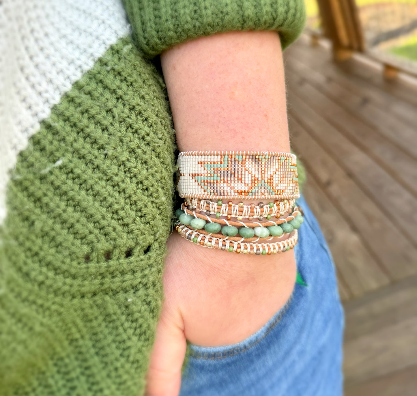 Sage, Ivory, Copper Starburst beaded loom woven bracelet trimmed with leather