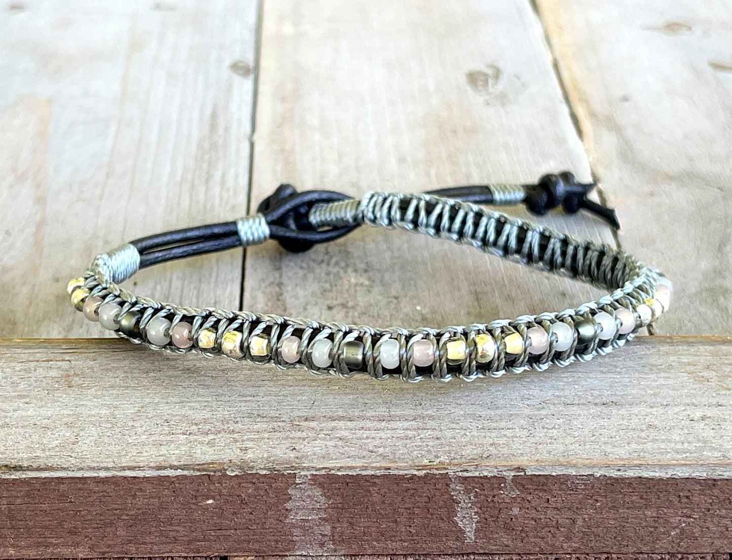 Neutral Gray, Beige and Silver Beaded Macrame Bracelet Set