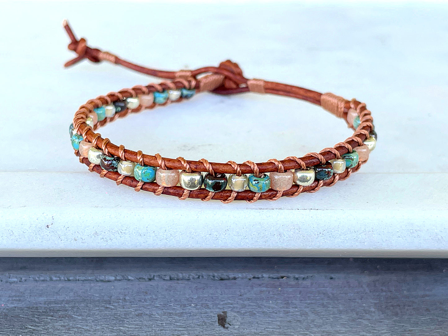 Earthy Tan Turquoise and Silver Beaded Macrame Bracelet Set