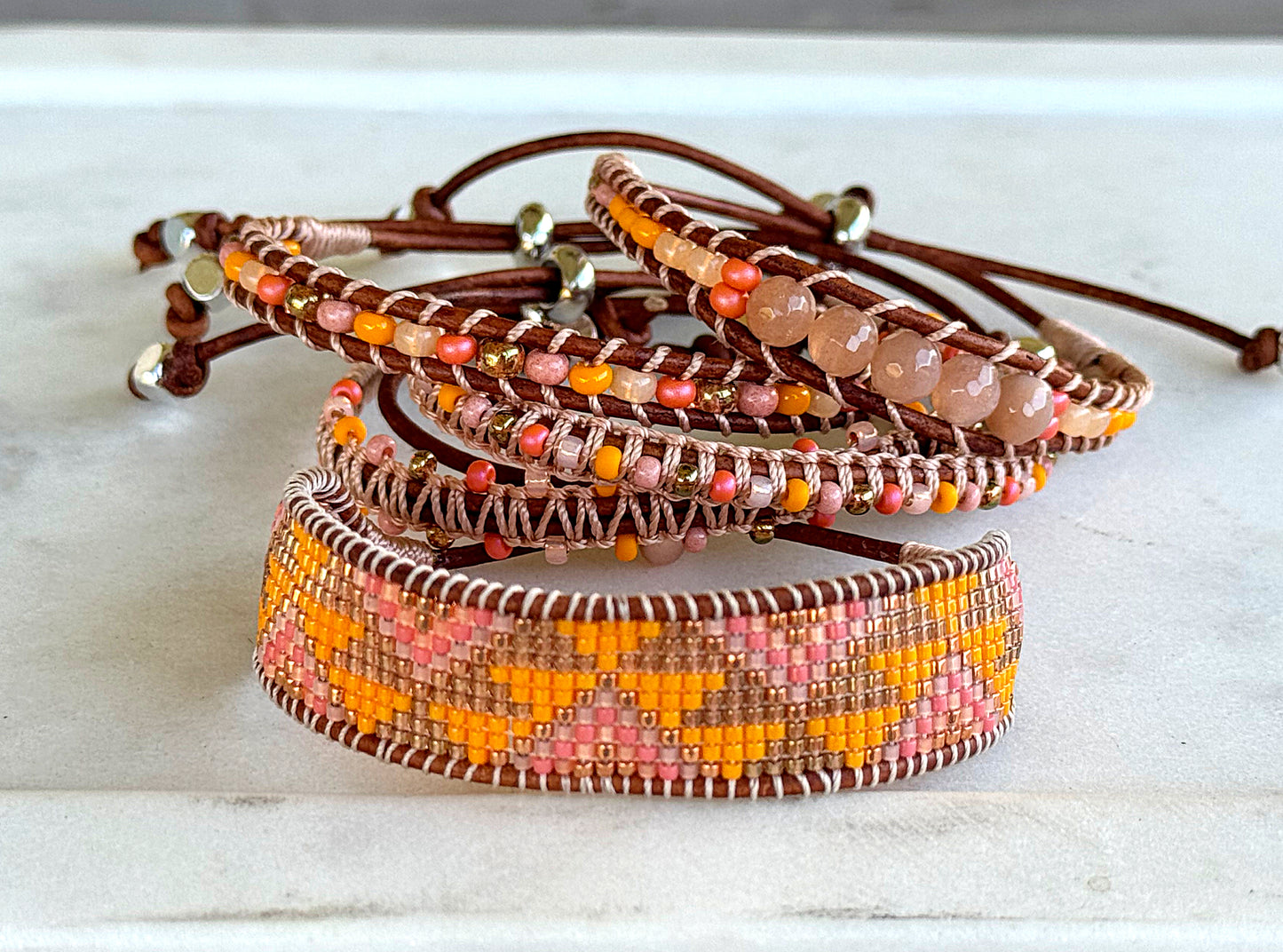 Sunshine, Peach Fuzz, and Coral Western Loom and Macrame Bracelet stack set