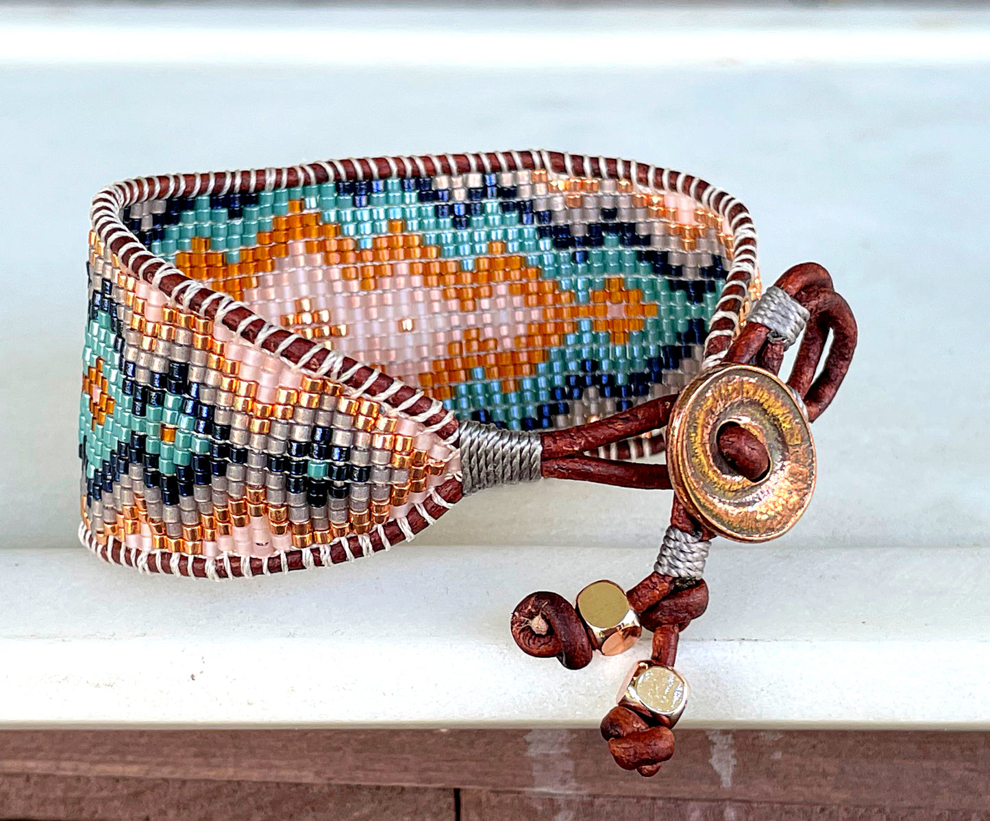 Copper Gray Navy and Blush Tribal Expanded Diamond beaded friendship bracelet