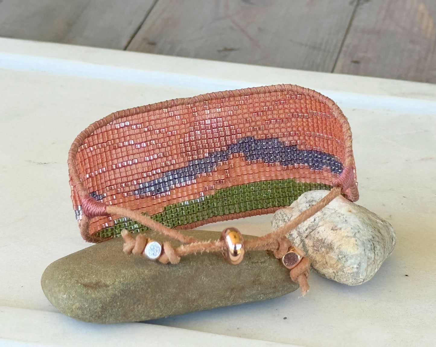 Western Sunrise Bead Loom Woven American Landscape Leather trimmed, adjustable bracelet