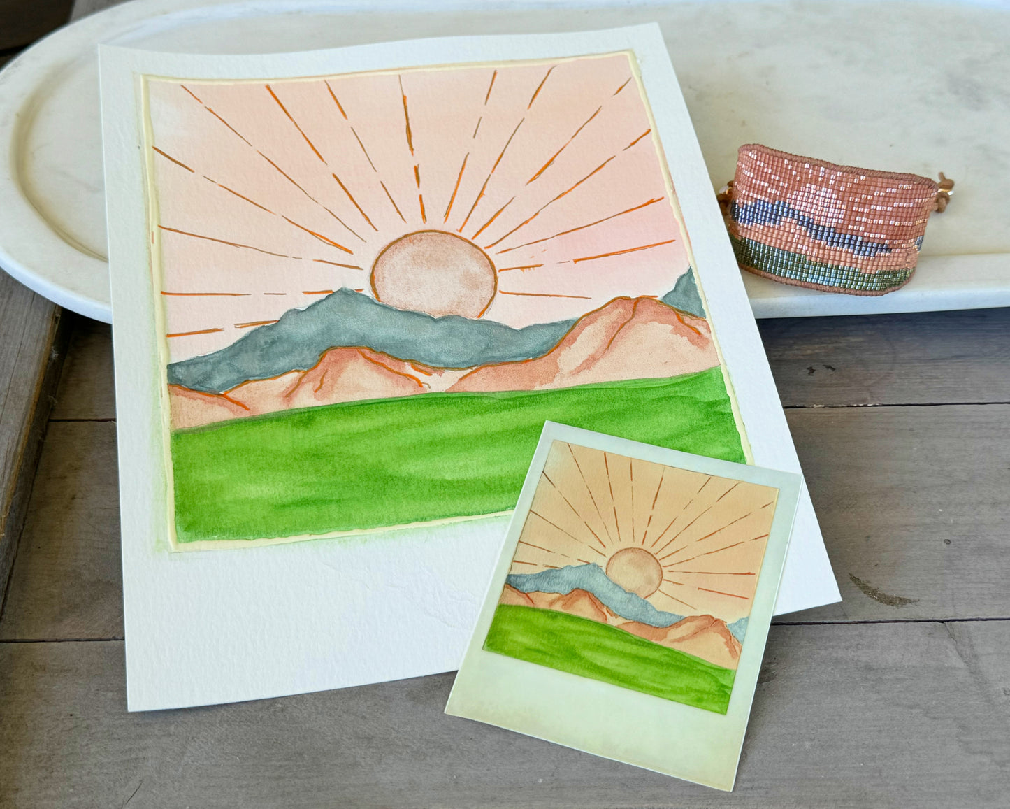 Western sunrise Polaroid style Watercolor Landscape waterproof vinyl decal