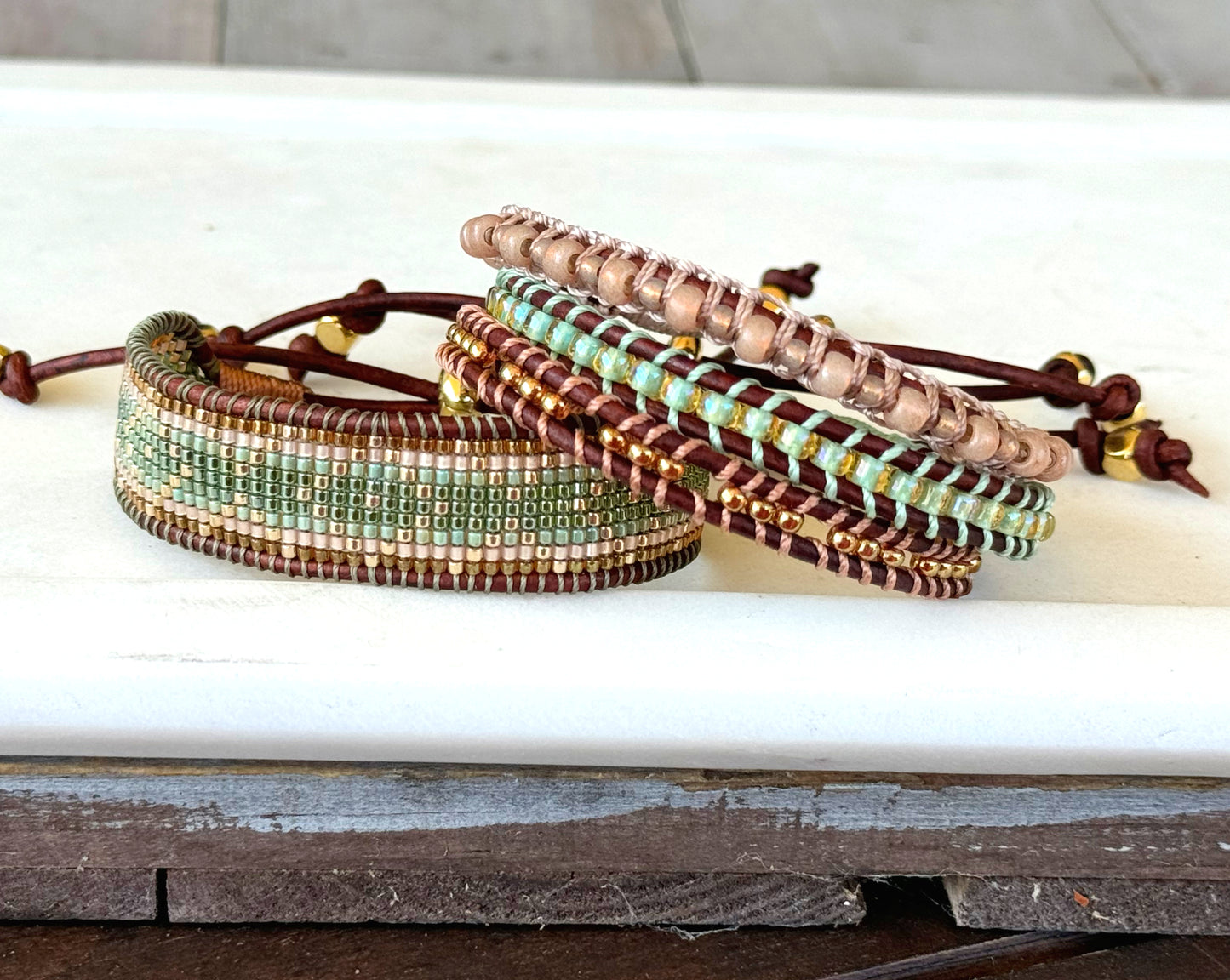 Gold, Green, and Tan Western bead loom woven adjustable leather bracelet