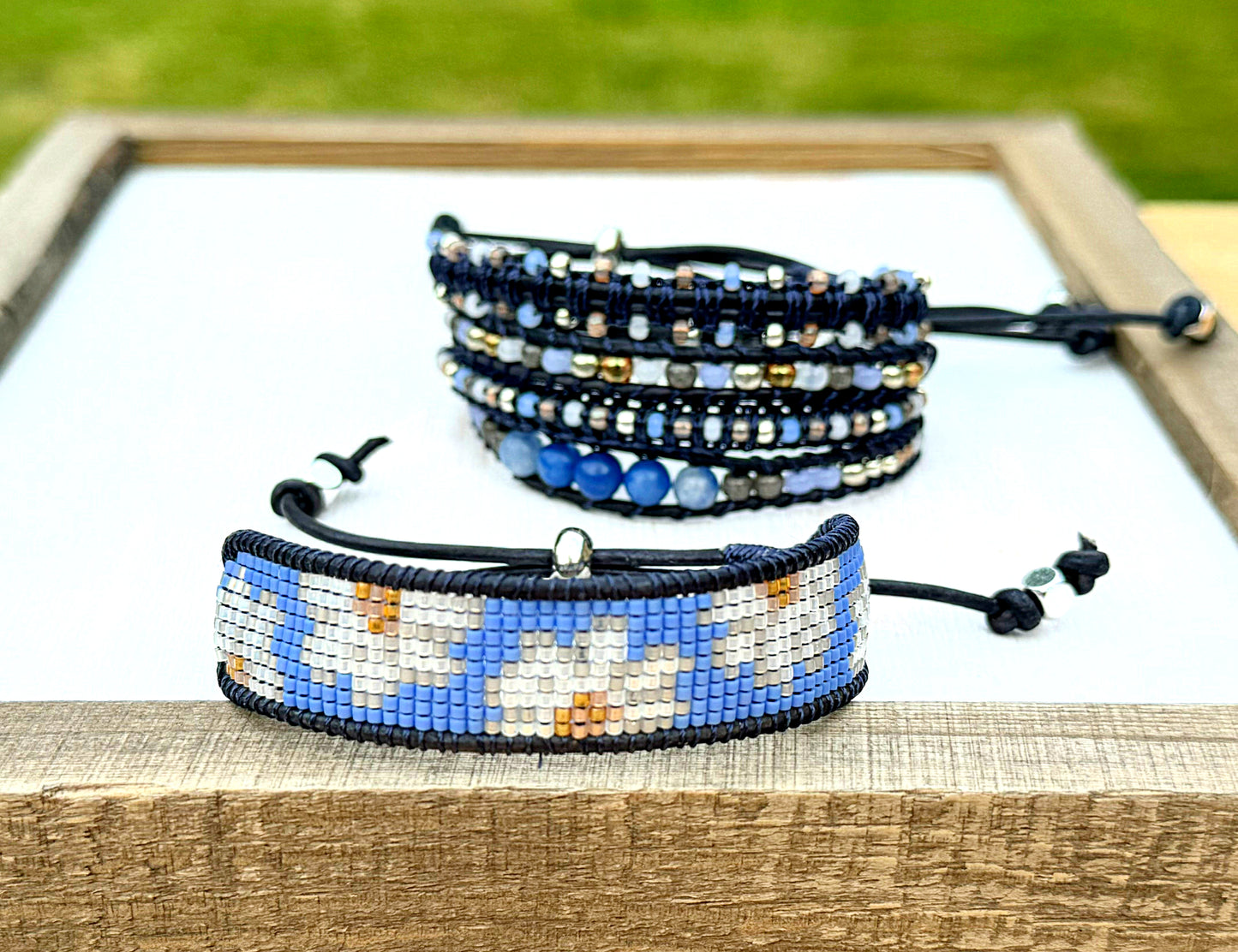 Blue Daisy Bead Loom and Macrame Bracelet stack set