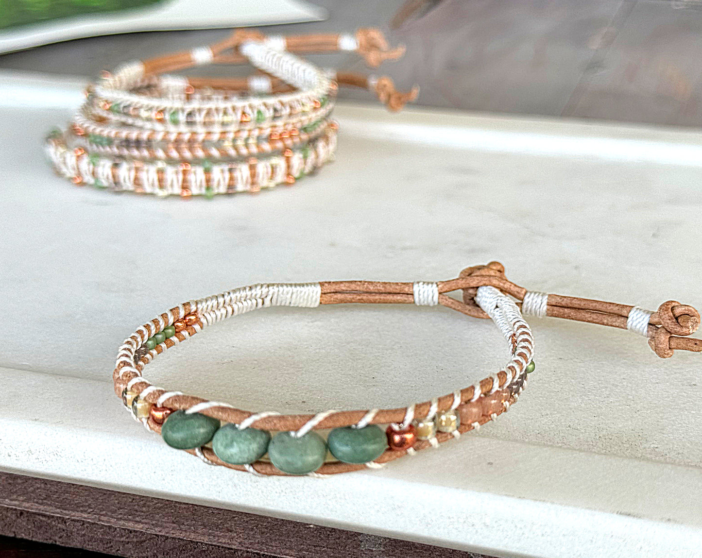 Jade and neutral Sage and Copper Beaded Macrame Bracelet Set