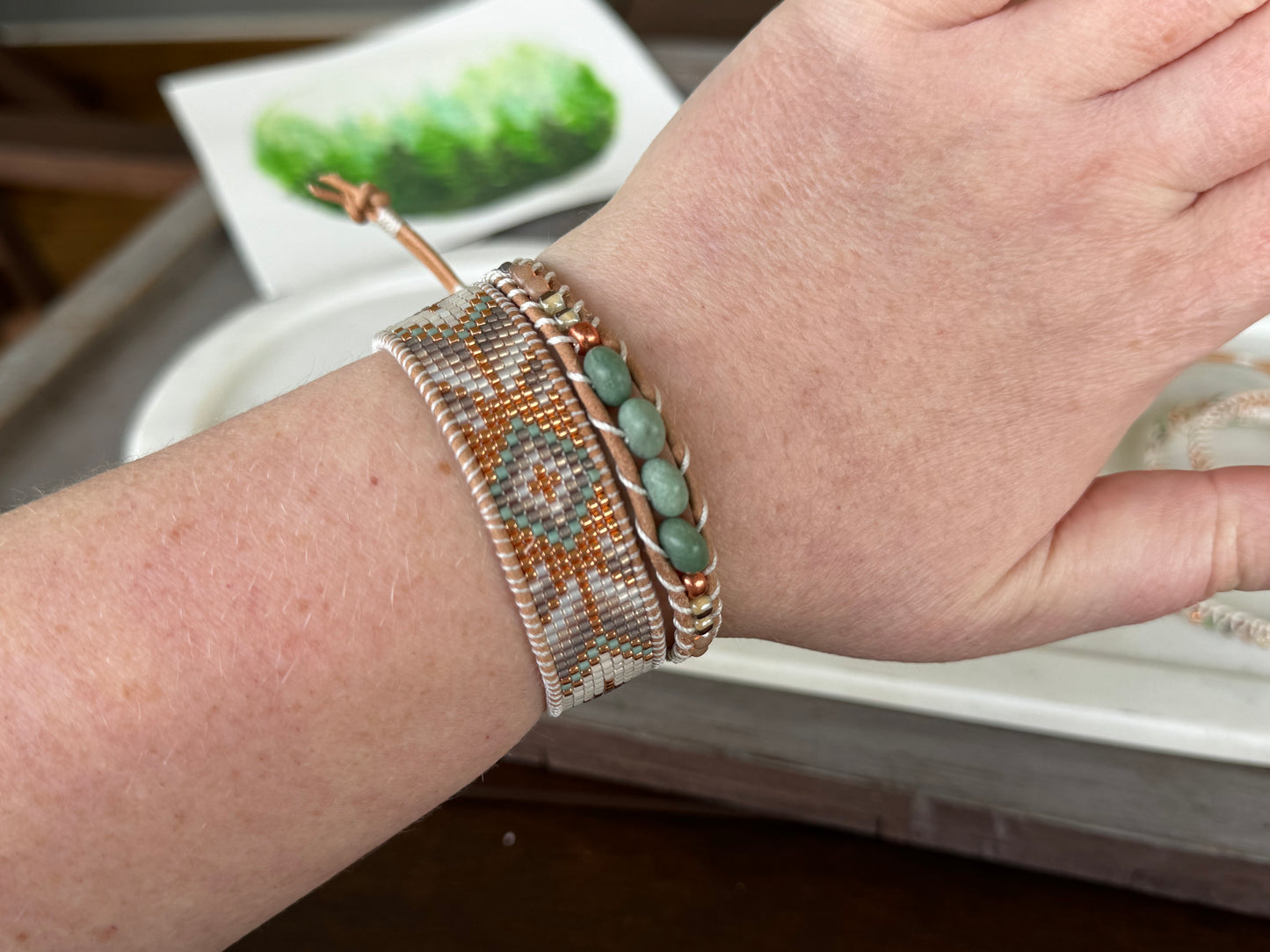 Sage, neutral, and copper starburst Western Geometric Loom and Macrame Bracelet stack set