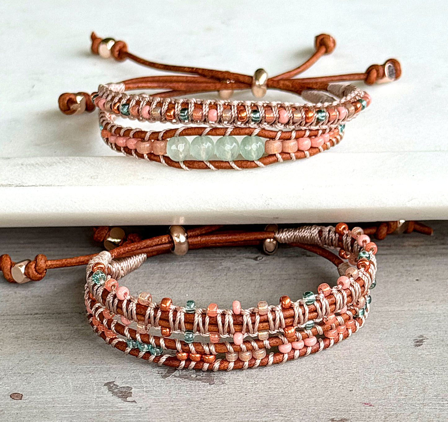 Sea Glass and Blush Rose Western Loom and Macrame Bracelet stack set