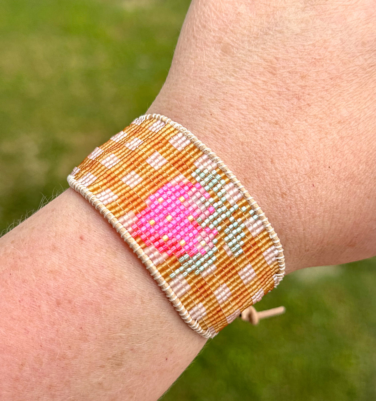Strawberry Bead Loom Woven bracelet with yellow gingham