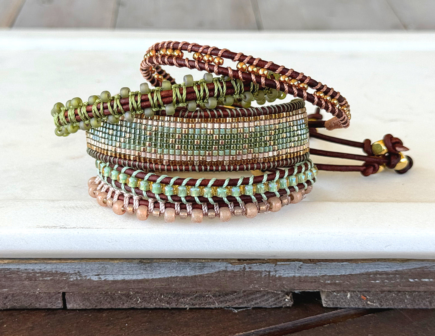 Gold, Green, and Tan Western bead loom woven adjustable leather bracelet