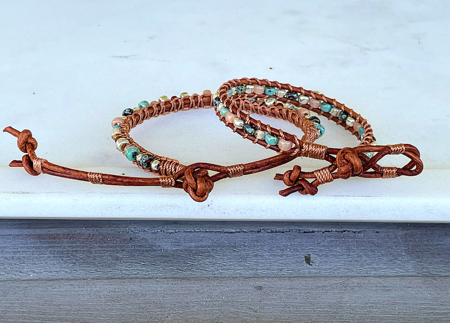 Earthy Tan Turquoise and Silver Beaded Macrame Bracelet Set