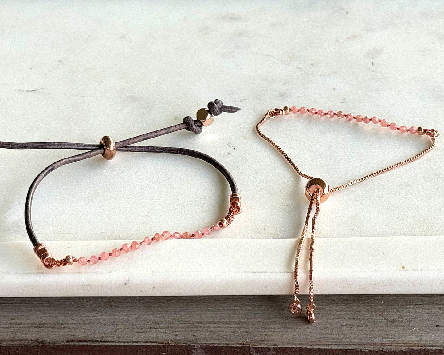 Rhodonite and leather slide adjustable chain or leather stack bracelet