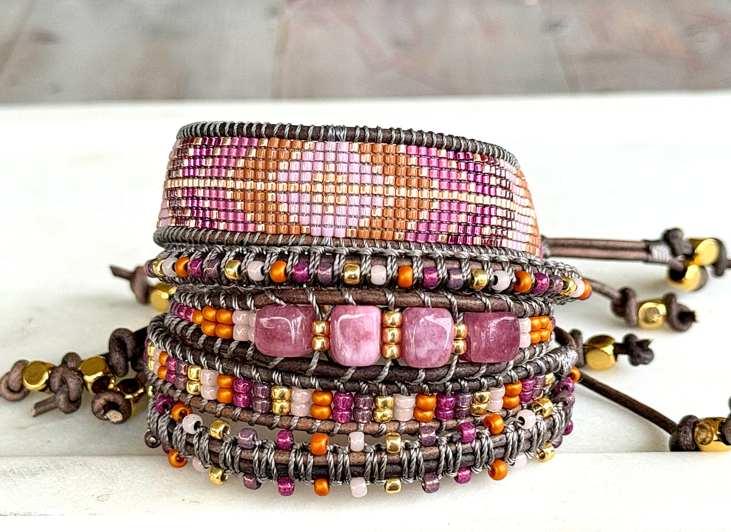 Peony Pink, Purple, and Gold Geometric Arrow Loom and Macrame Bracelet stack set