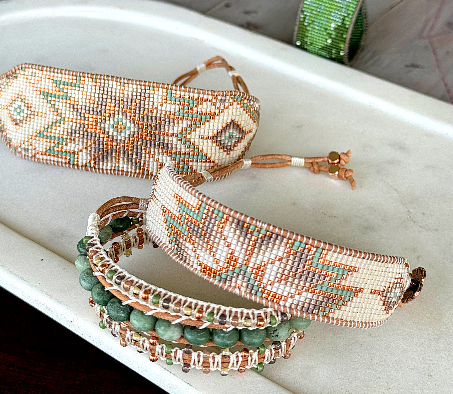 Sage, Copper, and Natural Beige Starburst Bead Loom Woven Leather trimmed Bracelet