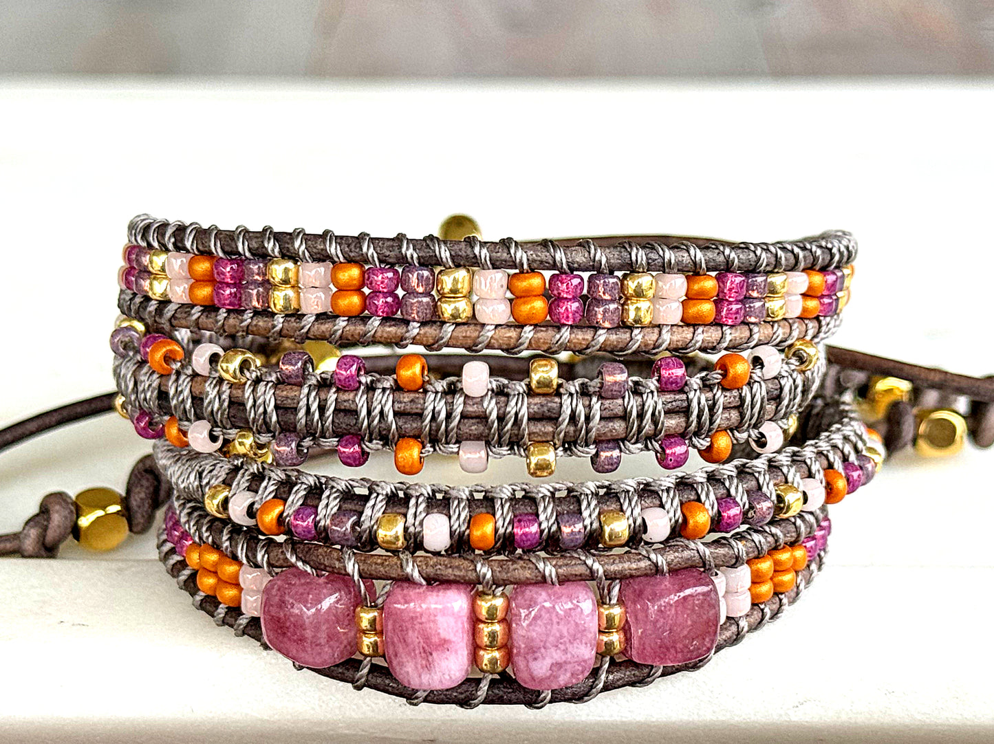 Peony Pink, Purple, and Gold Slide Adjustable Beaded Macrame Bracelet Set