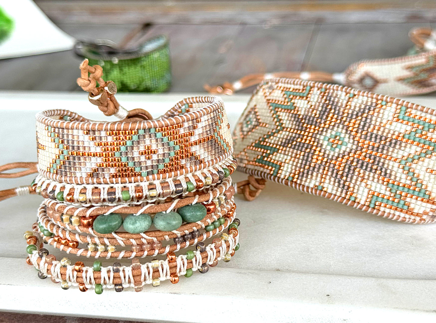 Sage, Copper, and Natural Beige Starburst Bead Loom Woven Leather trimmed Bracelet