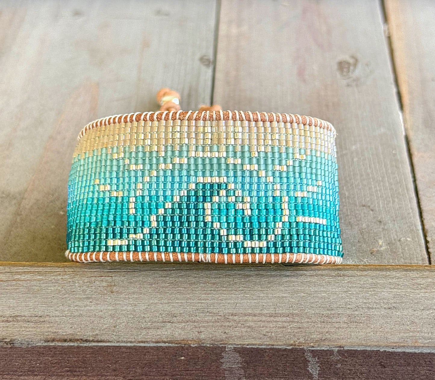 Beachy Wave and Sun Blue Faded Bead Loom Woven Slide Adjustable Bracelet