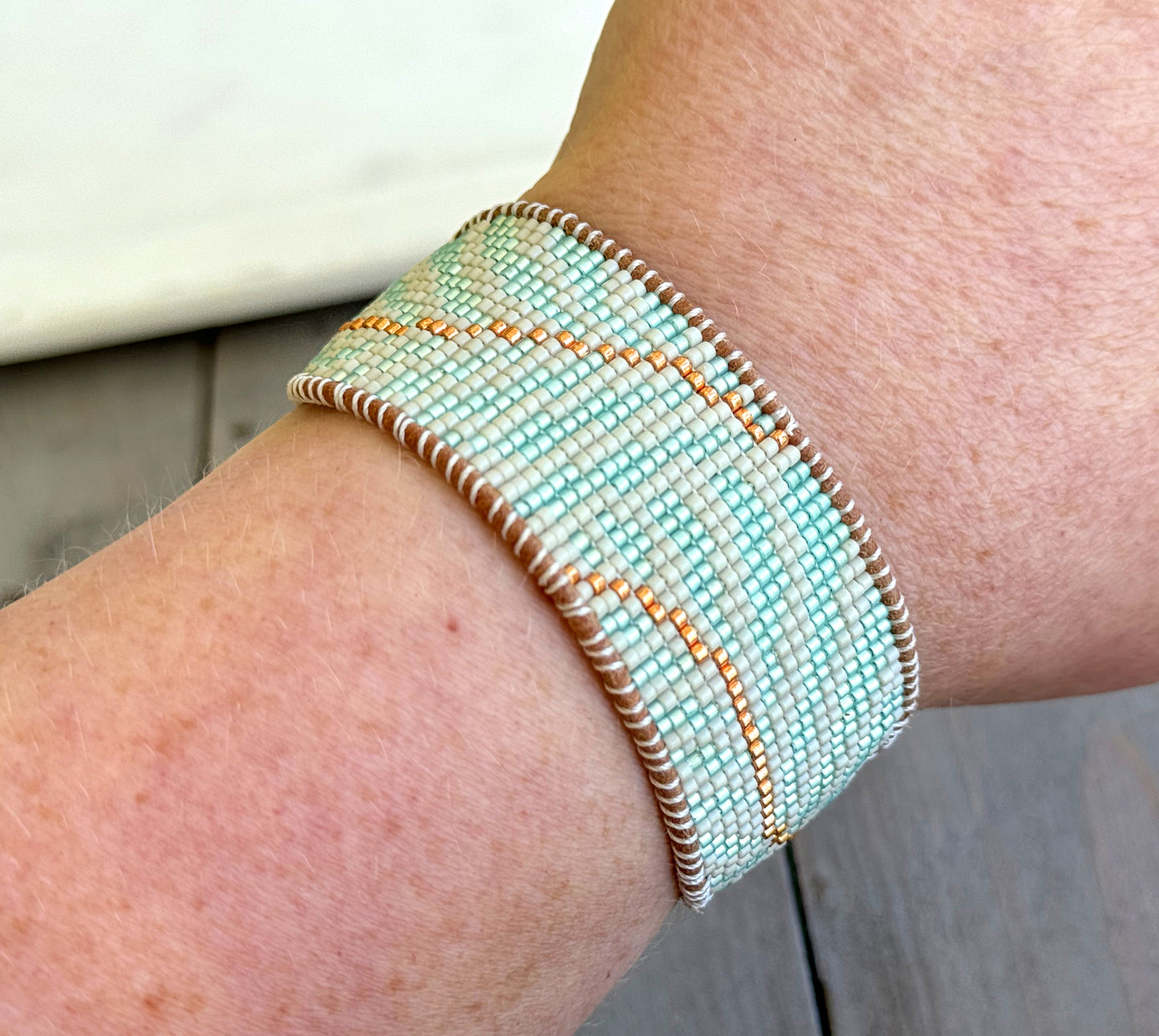 Palm Leaf Bead Loom Woven Adjustable Leather Trim Bracelet