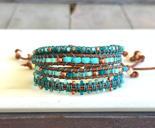 Turquoise Blue and Green Tropical Beaded Macrame Bracelet Set