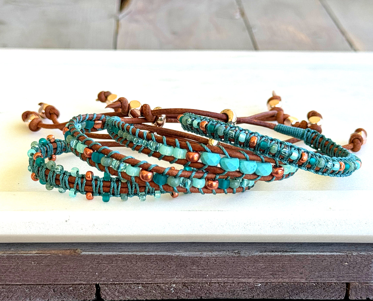 Turquoise Blue and Green Tropical Beaded Macrame Bracelet Set