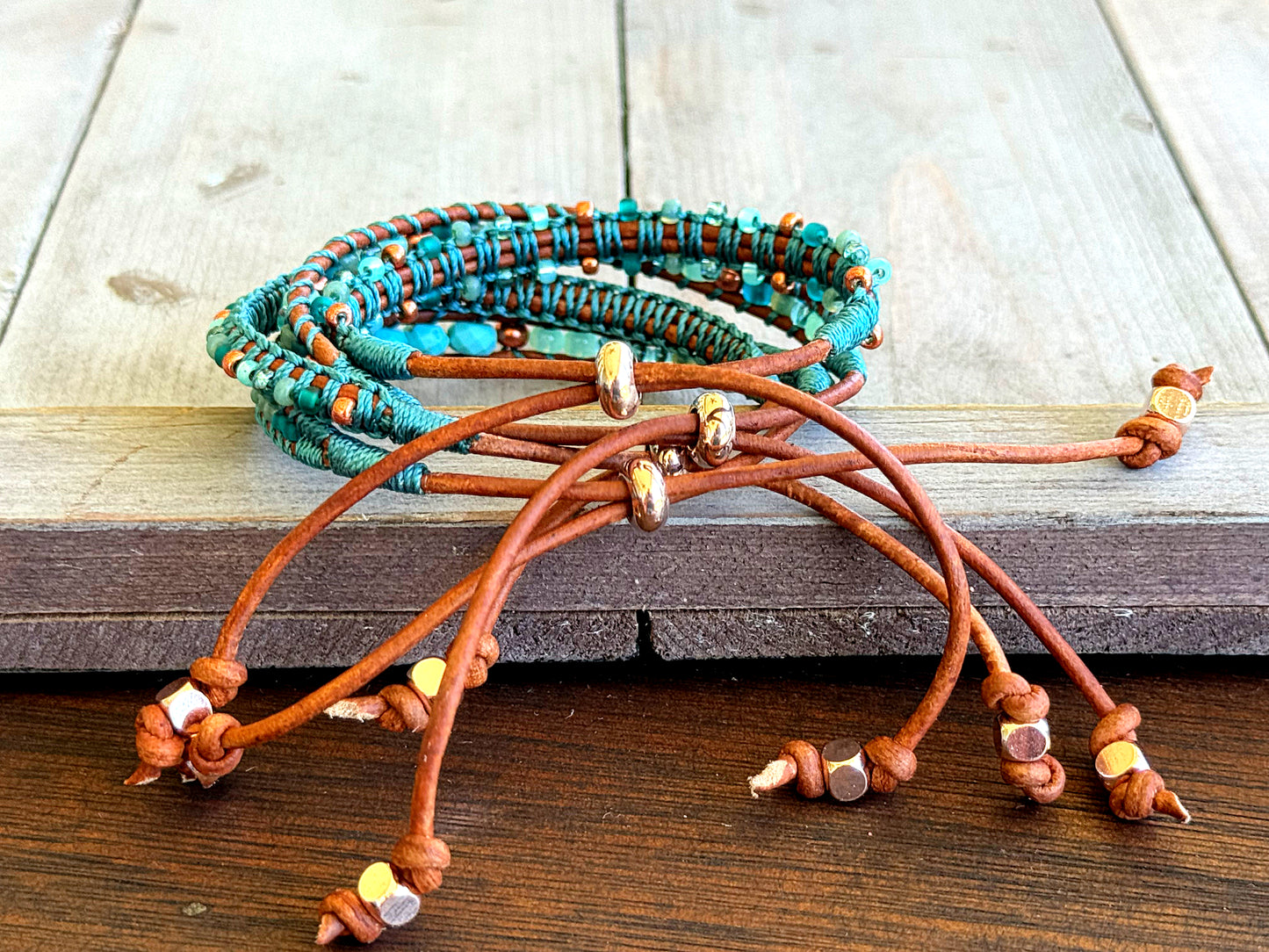 Turquoise Blue and Green Tropical Beaded Macrame Bracelet Set