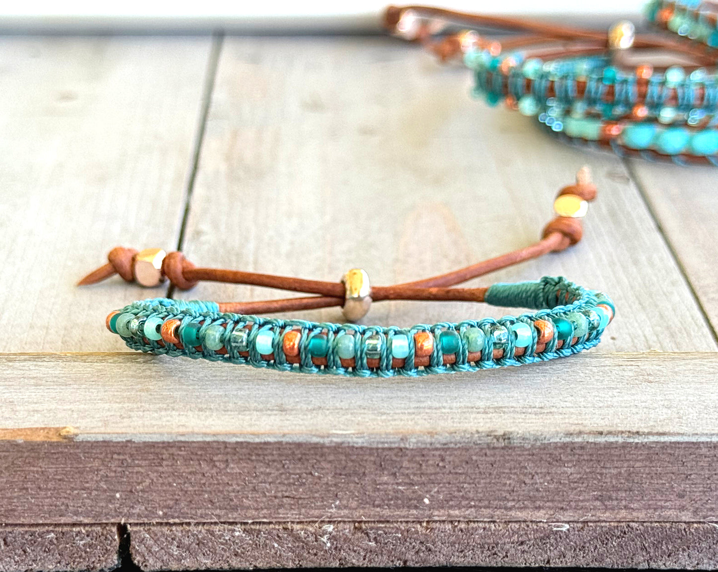 Turquoise Blue and Green Tropical Beaded Macrame Bracelet Set