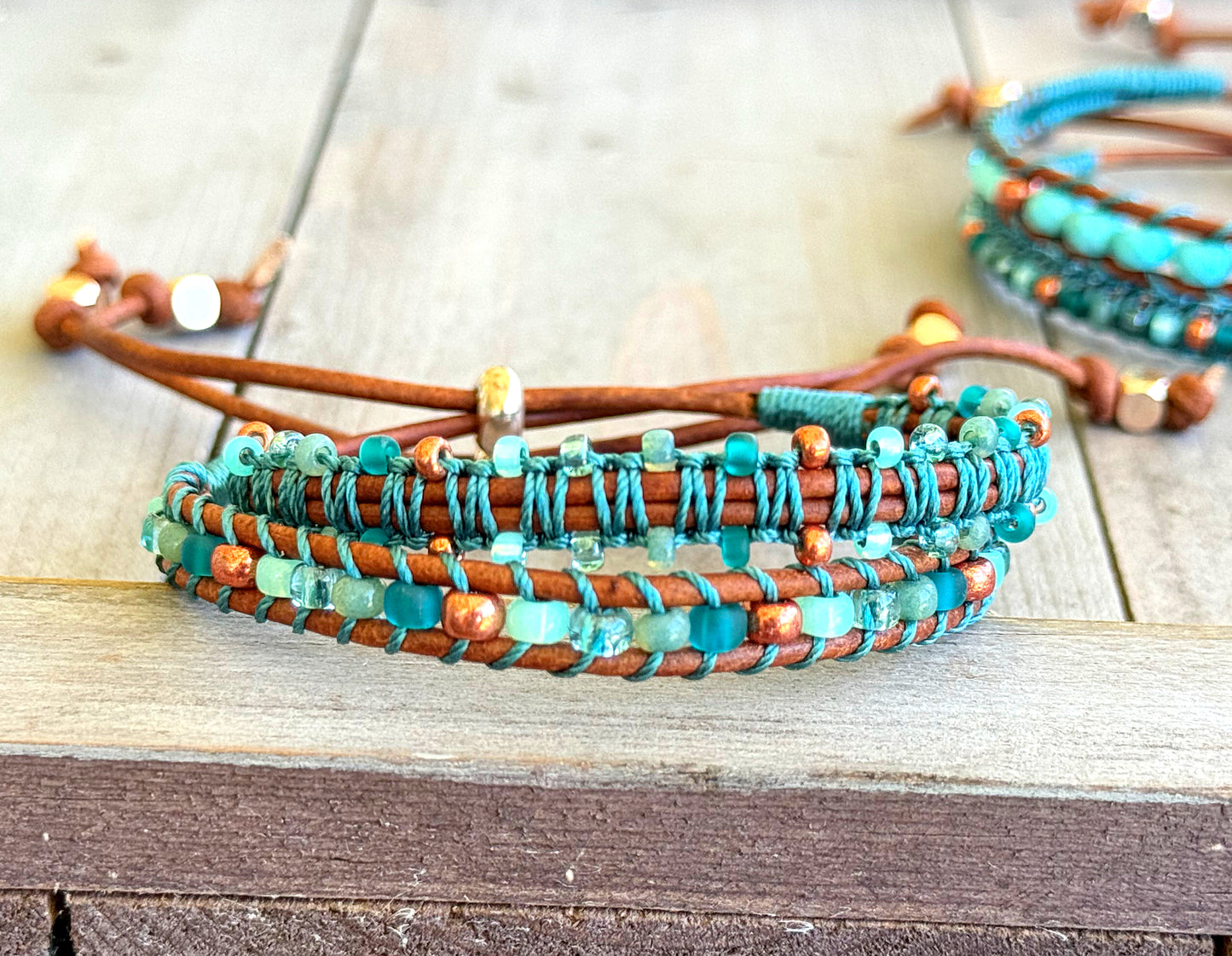 Turquoise Blue and Green Tropical Beaded Macrame Bracelet Set